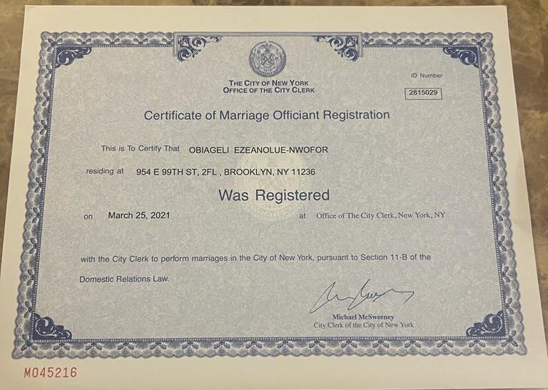 certificate of marriage officiant